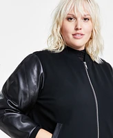 Bar Iii Trendy Plus Size Mixed-Media Bomber Jacket, Created for Macy's