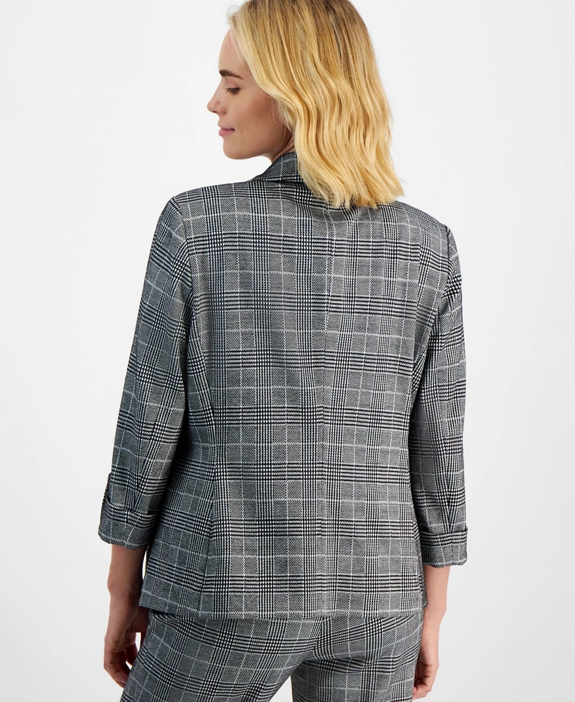 Ak Anne Klein Petite Plaid One-Button 3/4-Sleeve Blazer