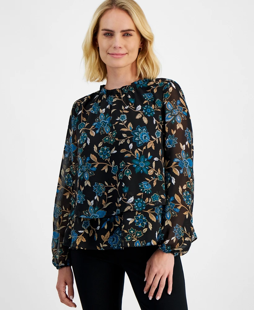 Ak Anne Klein Petite Floral-Print Long-Sleeve Top