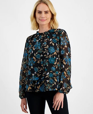 Ak Anne Klein Petite Floral-Print Long-Sleeve Top