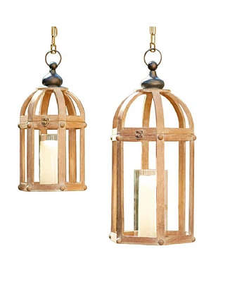 Slickblue Set of 2 Open Wood Lanterns with Glass Hurricane