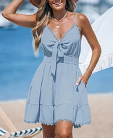 Cupshe Women's Sky Blue Sleeveless Bow V-Neck Mini Beach Dress