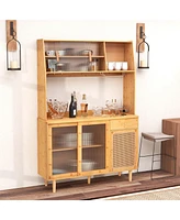 Costway Bamboo Buffet Cabinet Wine Bar Pantry Cupboard Sideboard with Rattan Sliding Door