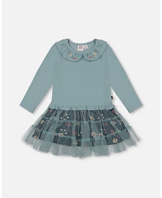 Deux par Baby Girls Bi-Material Dress With Mesh Skirt Teal Printed Flowers