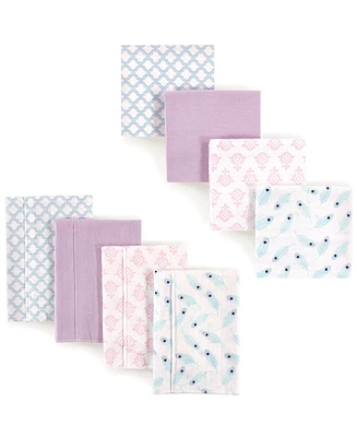 Hudson Baby Infant Girl Cotton Flannel Burp Cloths and Receiving Blankets, 8-Piece, Peacock Feather, One Size