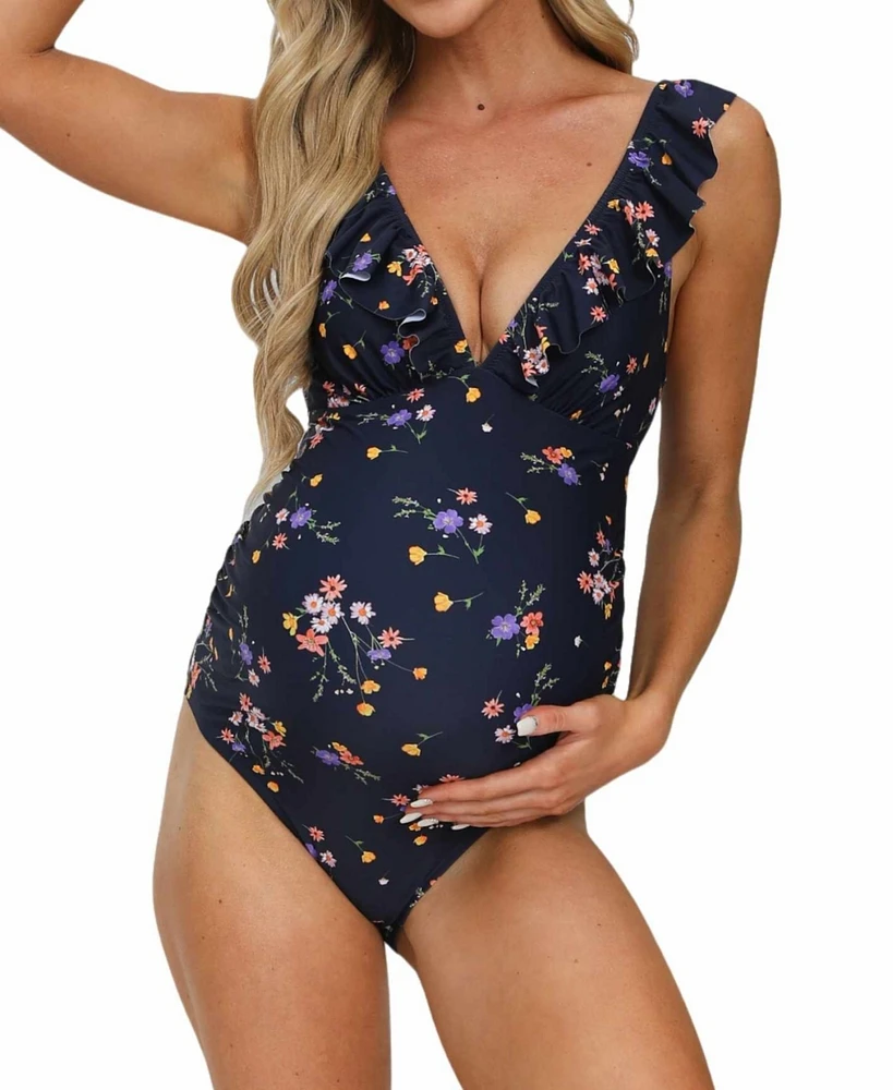 Cupshe Maternity Floral Ruffled Ruched Back Tie One-piece Swimsuit