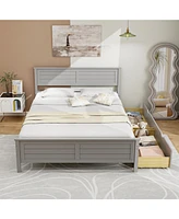 Full Bed Frame with Storage Drawers and Solid Wood Headboard