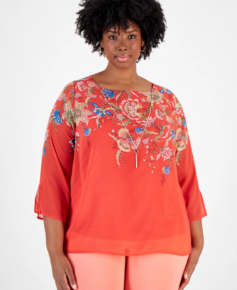 Jm Collection Plus Tassel-Necklace Floral-Print Top, Created for Macy's