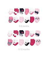 Luvable Friends Infant Girl Grow with Me Cotton Terry Socks, Navy Mary Janes, 0-6 and 6-12 Months