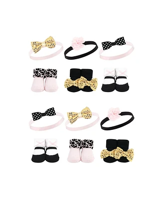 Hudson Baby Infant Girl 12Pc Headband and Socks Giftset, Gold Sequin, One Size