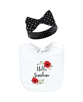 Hudson Baby Infant Girl Cotton Bib and Headband or Caps Set, Poppy Daisy, One Size