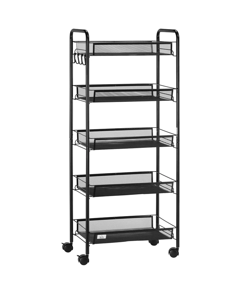 Homcom Compact 5-Tier Utility Cart, Serving Trolley with Removable Mesh Baskets, Black