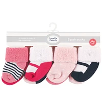 Luvable Friends Baby Girls Grow with Me Cotton Terry Socks, Navy Mary Jane, 0-6 and 6-12 Months