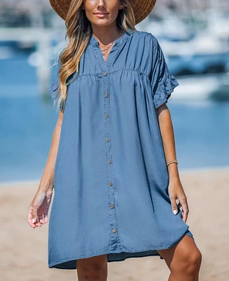 Cupshe Women's Denim Front Button Ruffle Sleeve Mini Beach Dress