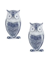 Slickblue Set of 2 White Washed Owl Decor with Blue Floral Design, 6.5"H