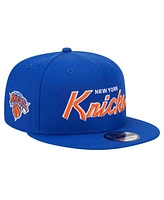 New Era Men's Blue New York Knicks Evergreen Script Side Patch 9FIFTY Snapback Hat