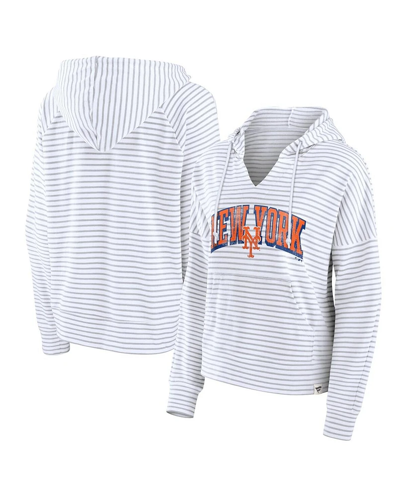 Fanatics Women's White New York Mets Striped Fundamentals Notch Neck Pullover Hoodie