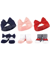 Hudson Baby Infant Girl 12Pc Headband and Socks Giftset, Red Blue Bows Red Chambray, One Size