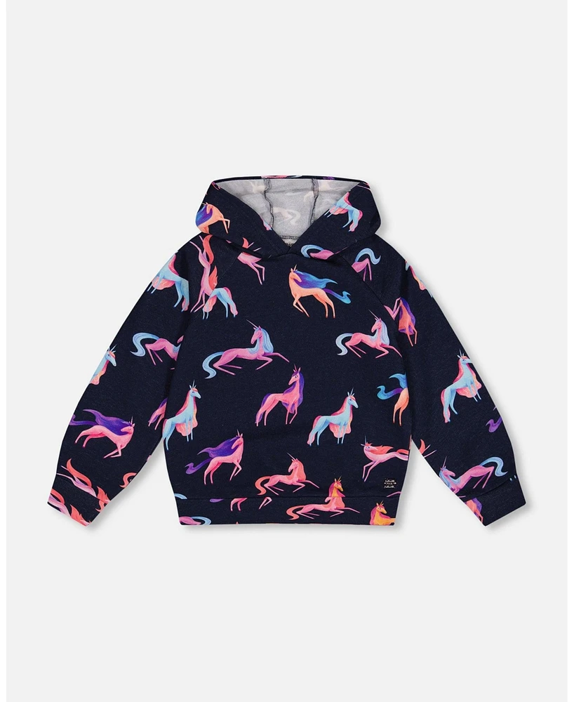 Deux par Toddler Girls Hooded Sweatshirt Navy Printed Unicorn - Toddler|Child