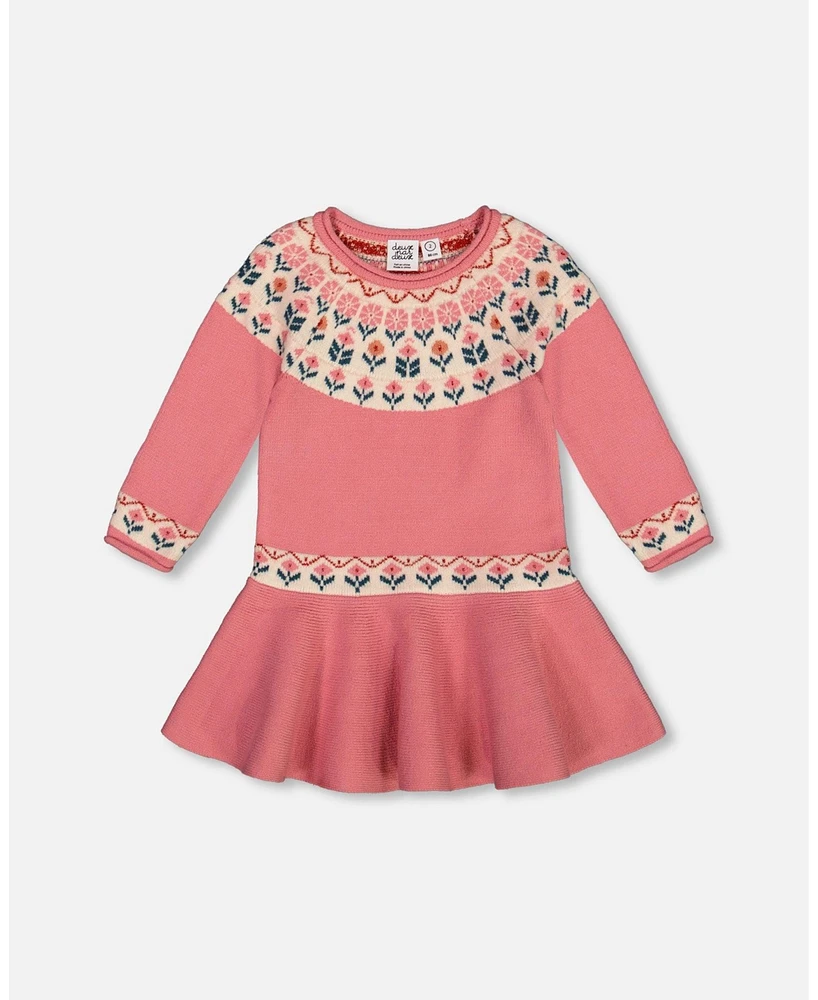 Deux par Big Girls Knit Dress With Round Intarsia Flowers Light Pink