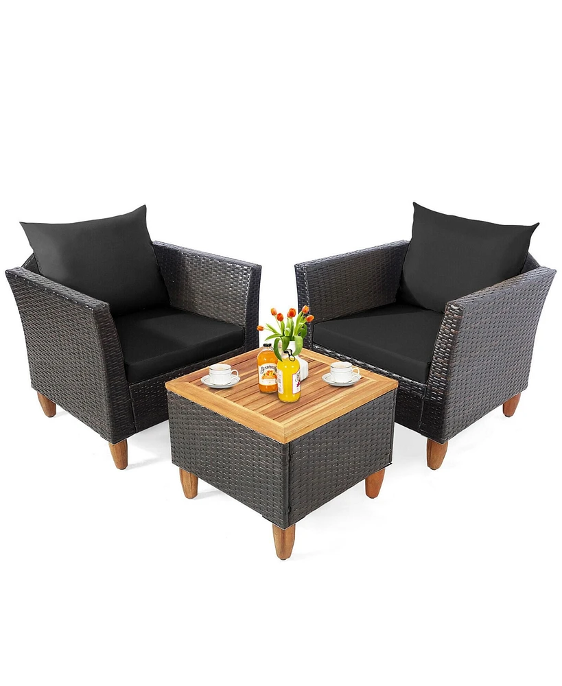 Gymax 3PCS Patio Furniture Set Conversation Bistro Set w/ Acacia Wood & Cushions Black