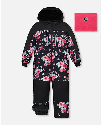 Deux par Big Girls One Piece Technical Snowsuit Black Printed Roses