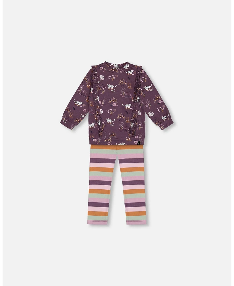 Deux par Baby Girls Tunic Mauve Printed Cats And Striped Leggings Set