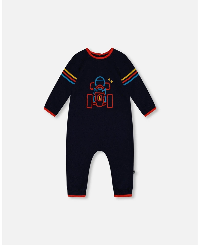 Deux par Deux Baby Boys Baby Knitted Jumpsuit With Karting Jacquard Navy