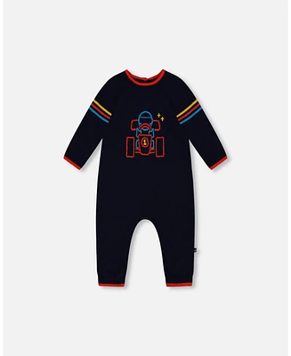 Deux par Deux Baby Boys Baby Knitted Jumpsuit With Karting Jacquard Navy