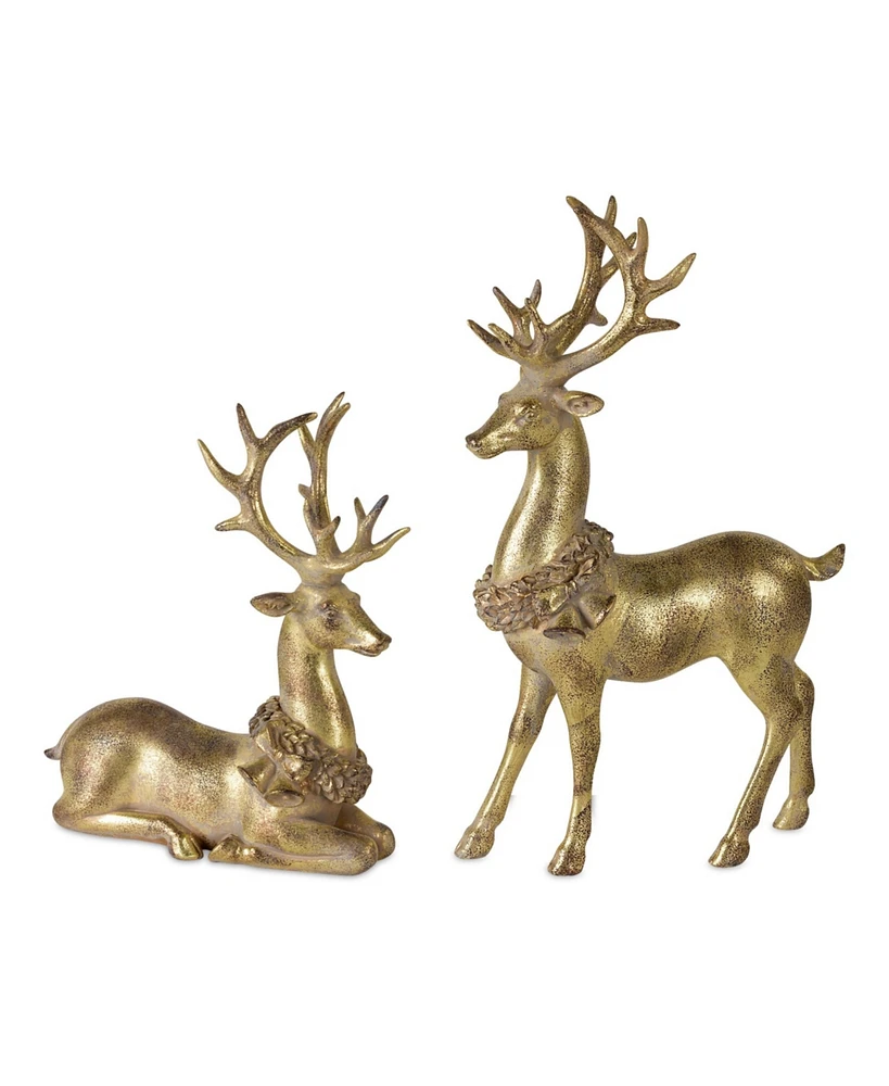 Slickblue Modern Gold Deer Figurine With Wreath Accent (Set of 2)