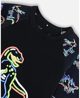 Deux par Big Boys Organic Cotton Two Piece Pajama Set Black Printed Neon Dino