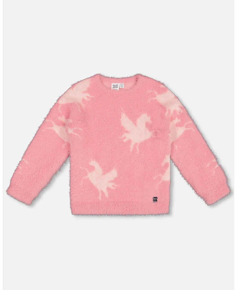 Deux par Big Girls Jacquard Unicorn Sweater Hairy Knit Pink