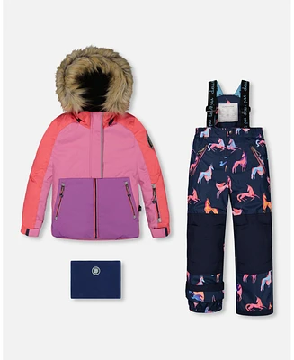 Deux par Little Girls Two Piece Snowsuit Colorblock Purple And Coral With Printed Unicorns - Toddler|Child