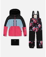 Deux par Big Girls Two Piece Technical Snowsuit Colorblock Black Printed Roses