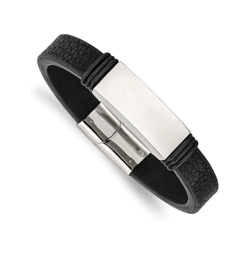 Chisel Stainless Steel Black Leather with Black Rubber Id Bracelet