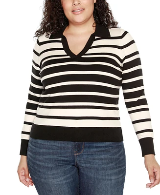 Belldini Plus Striped Johnny Collar Sweater