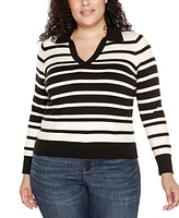 Belldini Plus Striped Johnny Collar Sweater