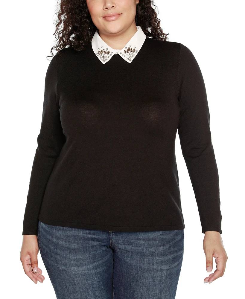 Belldini Plus Size Embellished Point-Collar Sweater