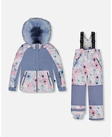 Deux par Toddler Girls Two Piece Snowsuit Printed Watercolor Blue Flowers