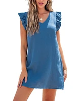 Cupshe Women's Blue Flutter Sleeve V-Neck Mini Beach Dress