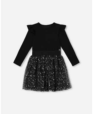 Deux par Big Girls Long Sleeve Dress With Glittering Tulle Skirt Black