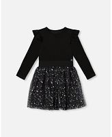 Deux par Big Girls Long Sleeve Dress With Glittering Tulle Skirt Black