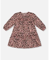 Deux par Big Girls Long Sleeve Dress With Frills Pink Printed Leopard Flowers