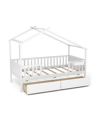 Slickblue Twin House Bed with 2 Storage Drawers and Roof & Fence Rails-White