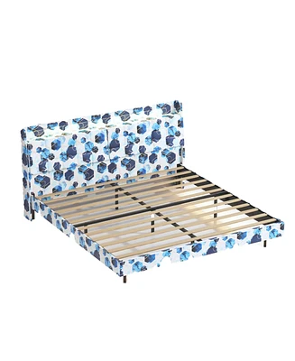 Mondawe Blue Queen Floating Bed Frame with Led Light and Charging Station Upholstered Platform