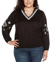 Belldini Black Label Plus Embroidered Blouson Sleeve V-Neck Blouse