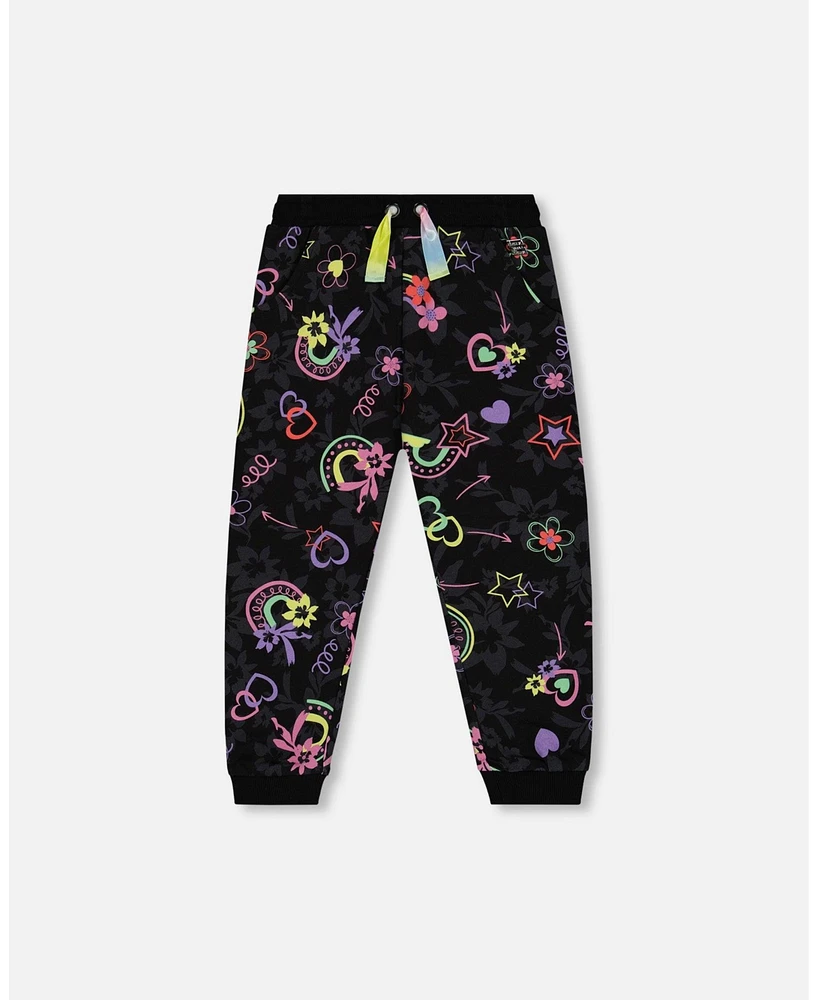 Deux par Big Girls Joggers Black Printed Rainbow Hearts