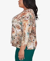 Alfred Dunner Plus Emerald Isle Women's Center Lace Floral Print Top