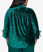 Alfred Dunner Plus Size Emerald Isle Crushed Velvet Emerald Button Front Top