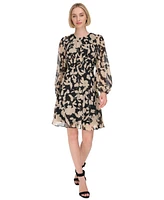 Calvin Klein Women's Printed Jewel-Neck Long-Sleeve Dress